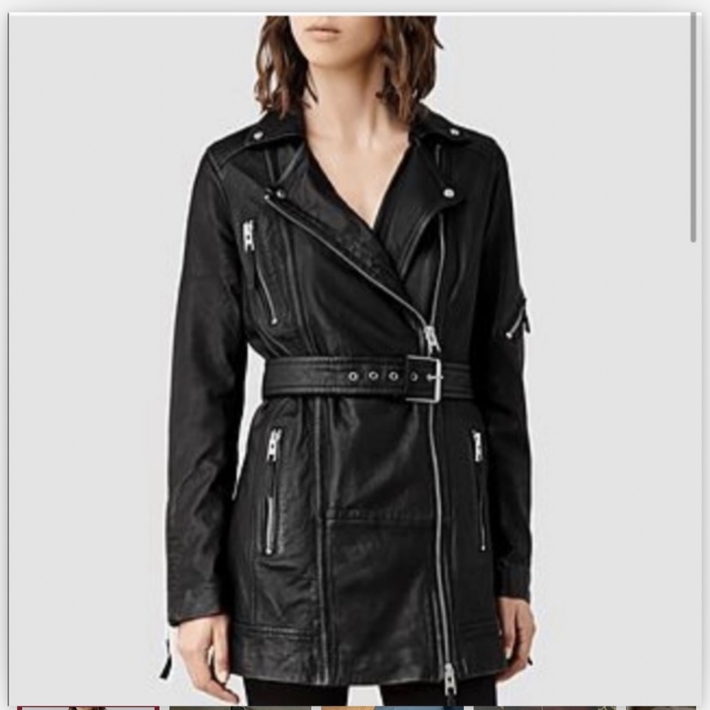 AllSaints Asker black Leather biker jacket trench leather jacket size 0